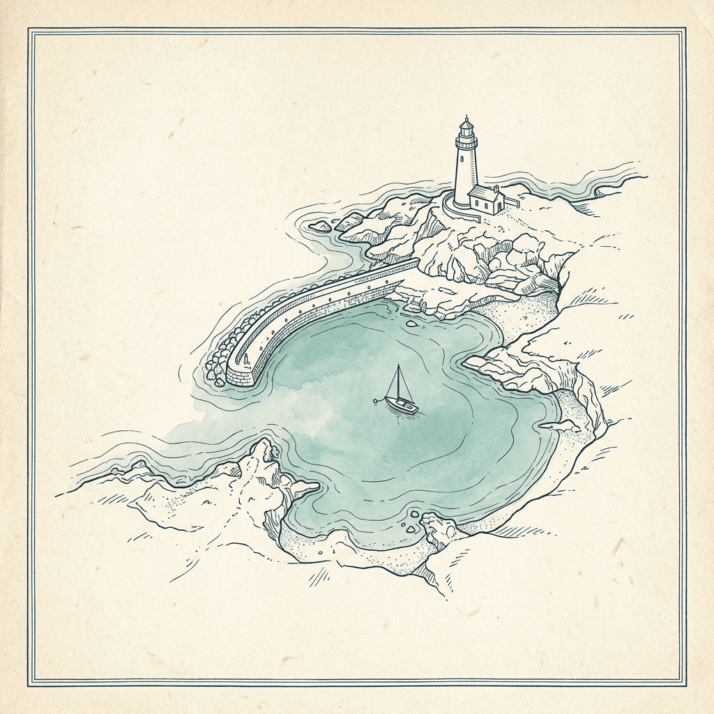 Ink and watercolor illustration of a sheltered harbor cove with a lighthouse, stone breakwater, and a small moored sailboat.