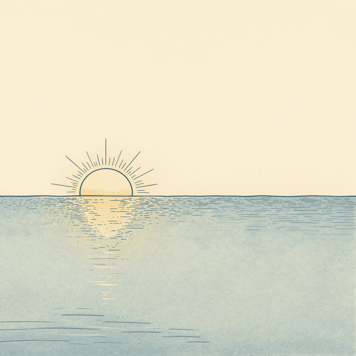 Minimal ink and watercolor illustration of a wide open-sea horizon line with a low sun and calm water.