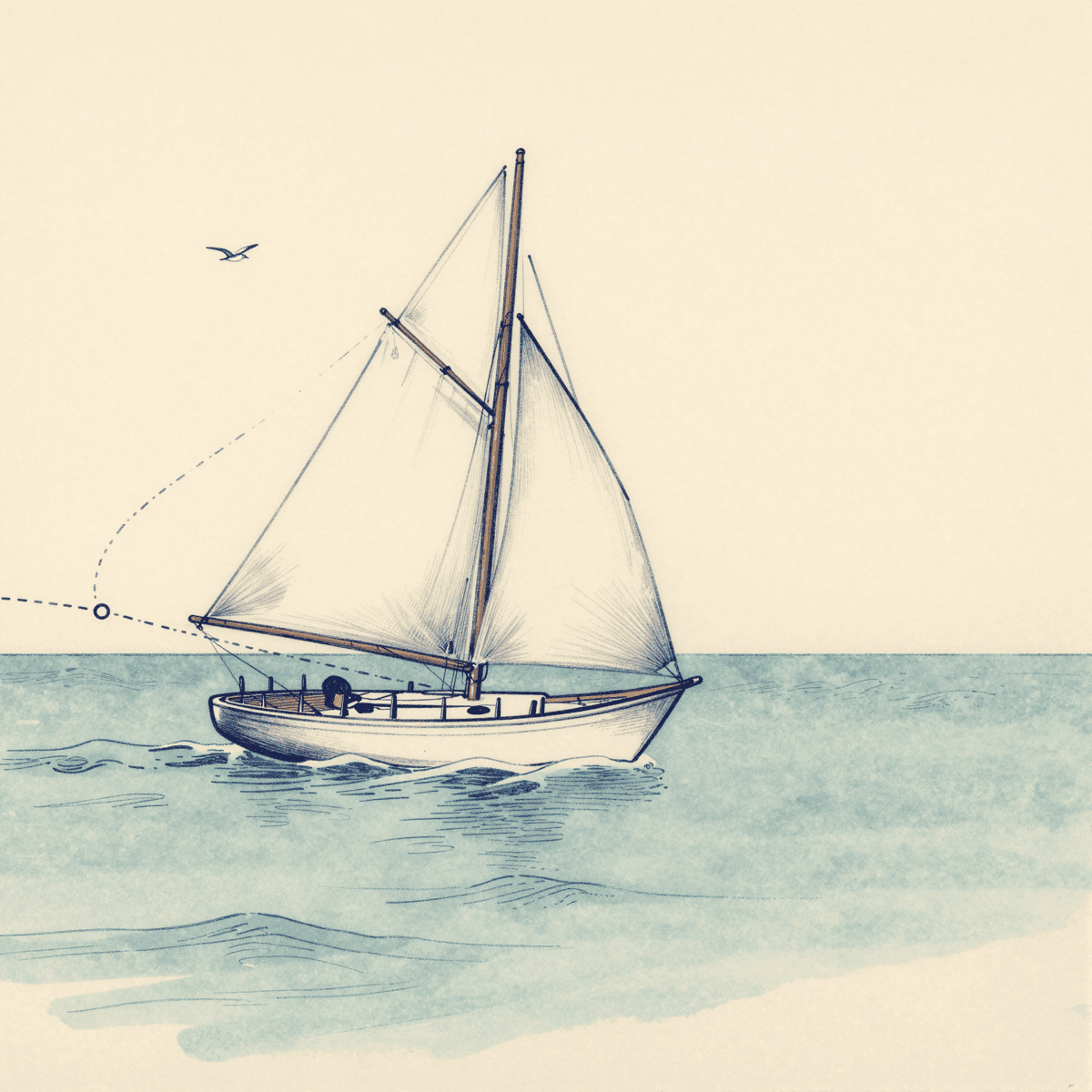 Ink and watercolor illustration of a sailboat at full sail crossing open water along a dashed route line.