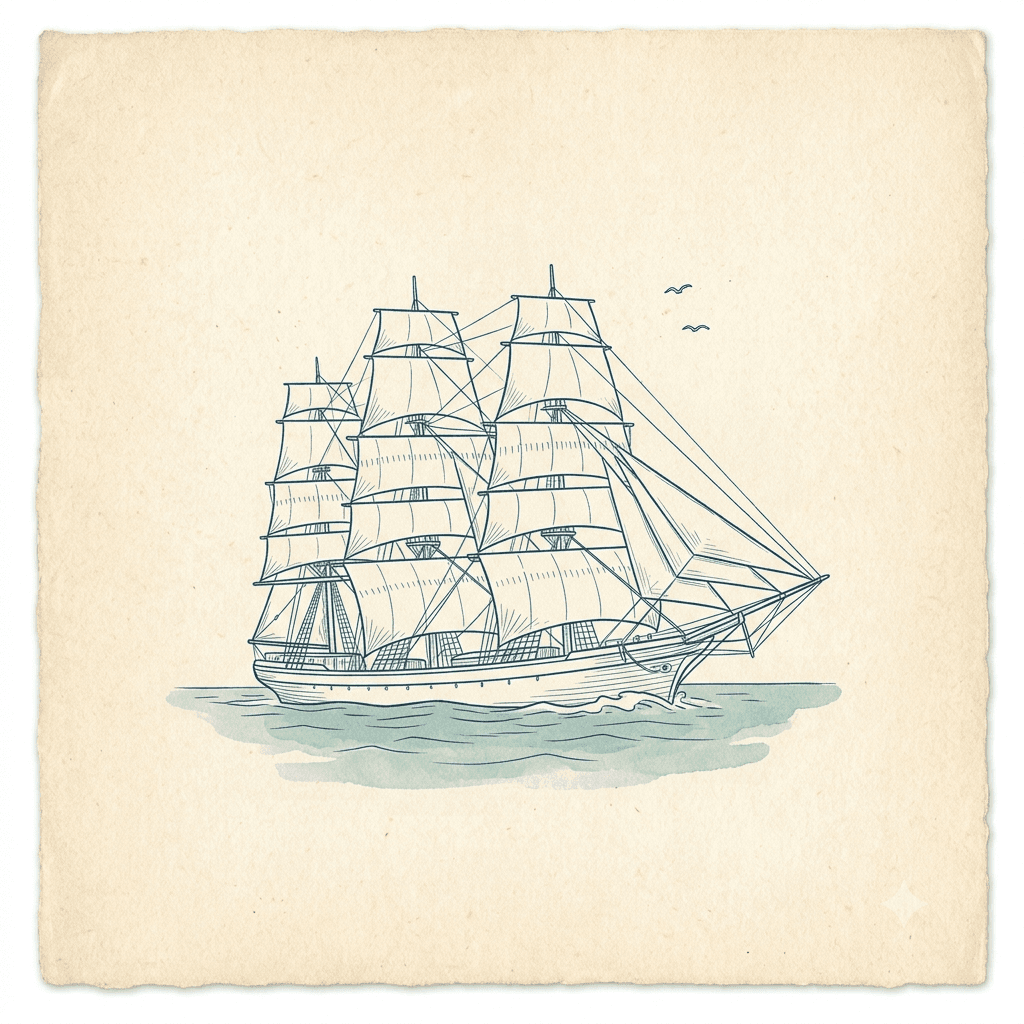 Ink illustration of a three-masted clipper ship under full square sails with seabirds overhead, in cream and ink-blue chart style.