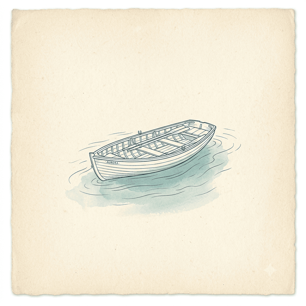 Ink illustration of a small rowboat with two oars resting on calm water, in cream and ink-blue chart style.
