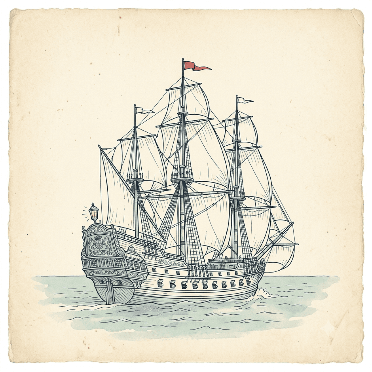 Ink illustration of a grand galleon with a tall ornate stern castle, billowing sails, and pennants at the mastheads, in cream and ink-blue chart style.