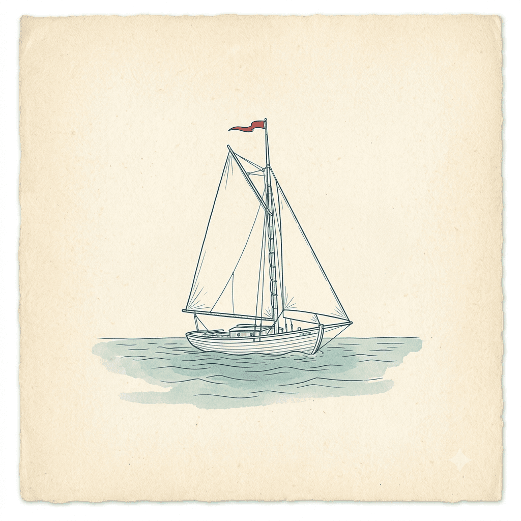 Ink illustration of a single-mast sailboat with a full mainsail and jib crossing calm water, in cream and ink-blue chart style.