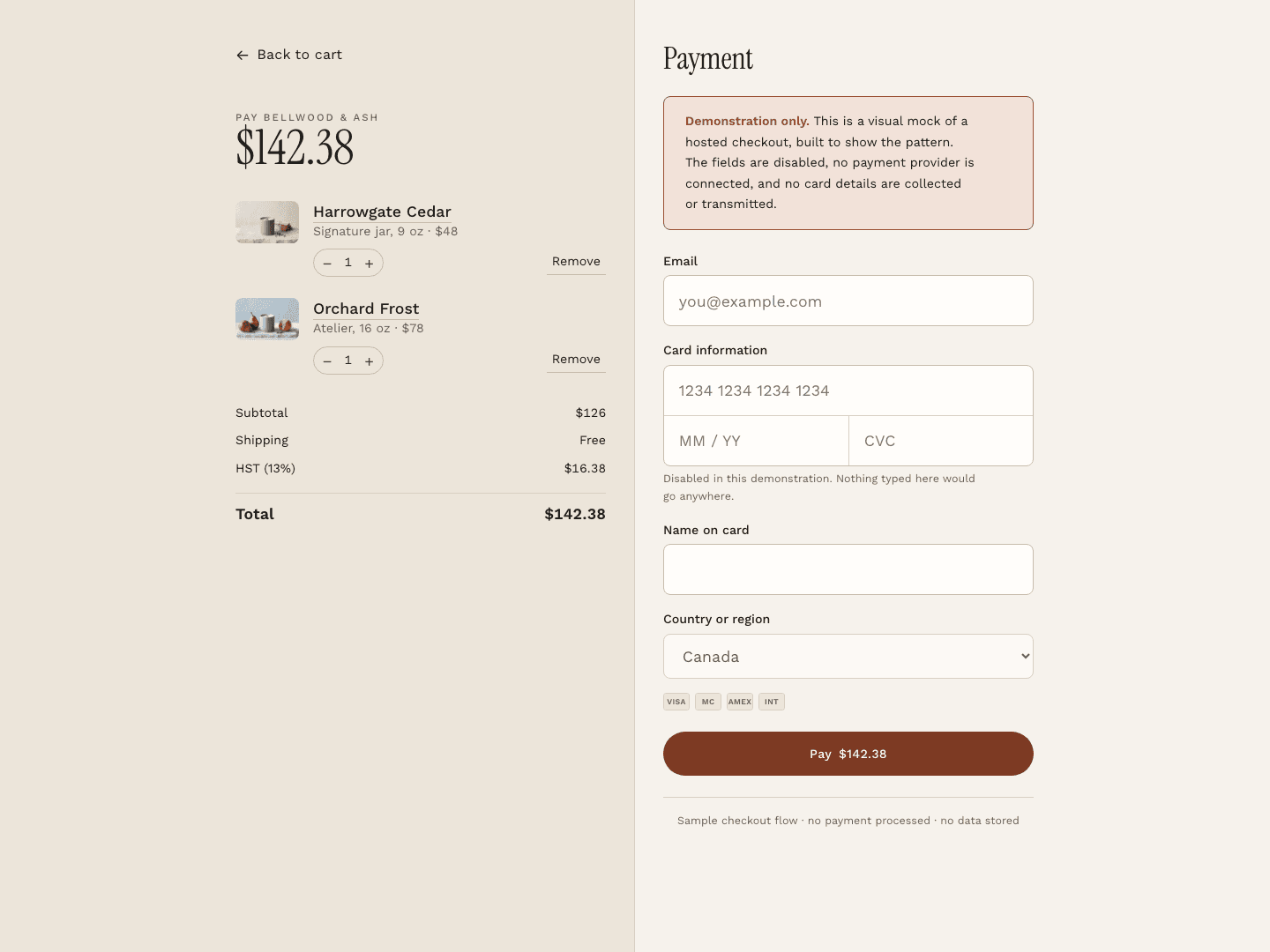 The Bellwood & Ash demonstration checkout, showing an order summary beside a payment panel.