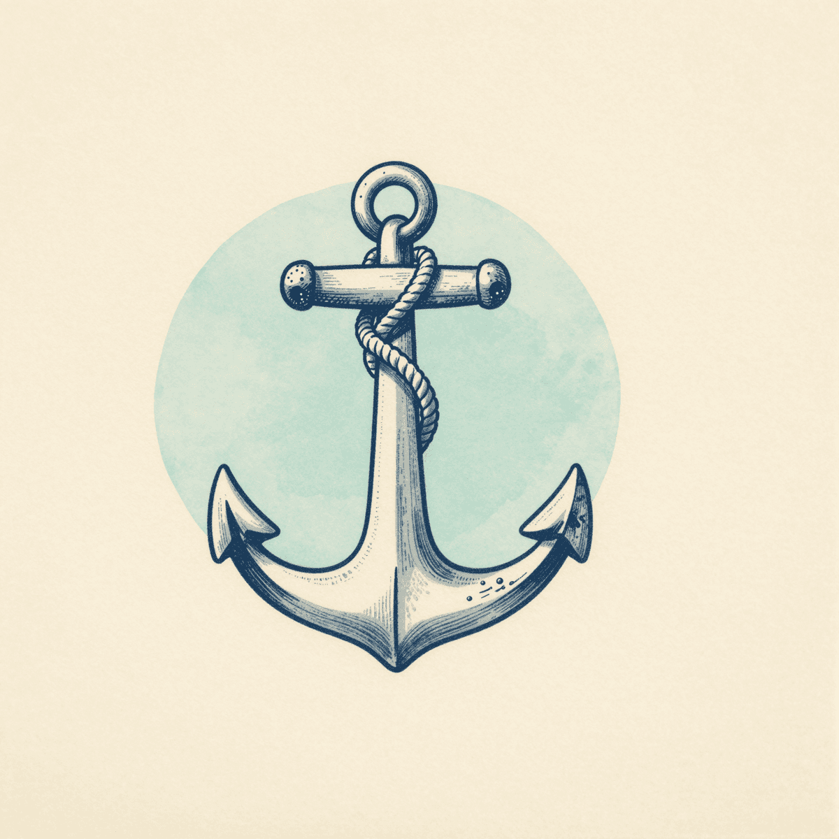 Ink illustration of a classic ship anchor with rope, over a seafoam watercolor circle on cream paper.