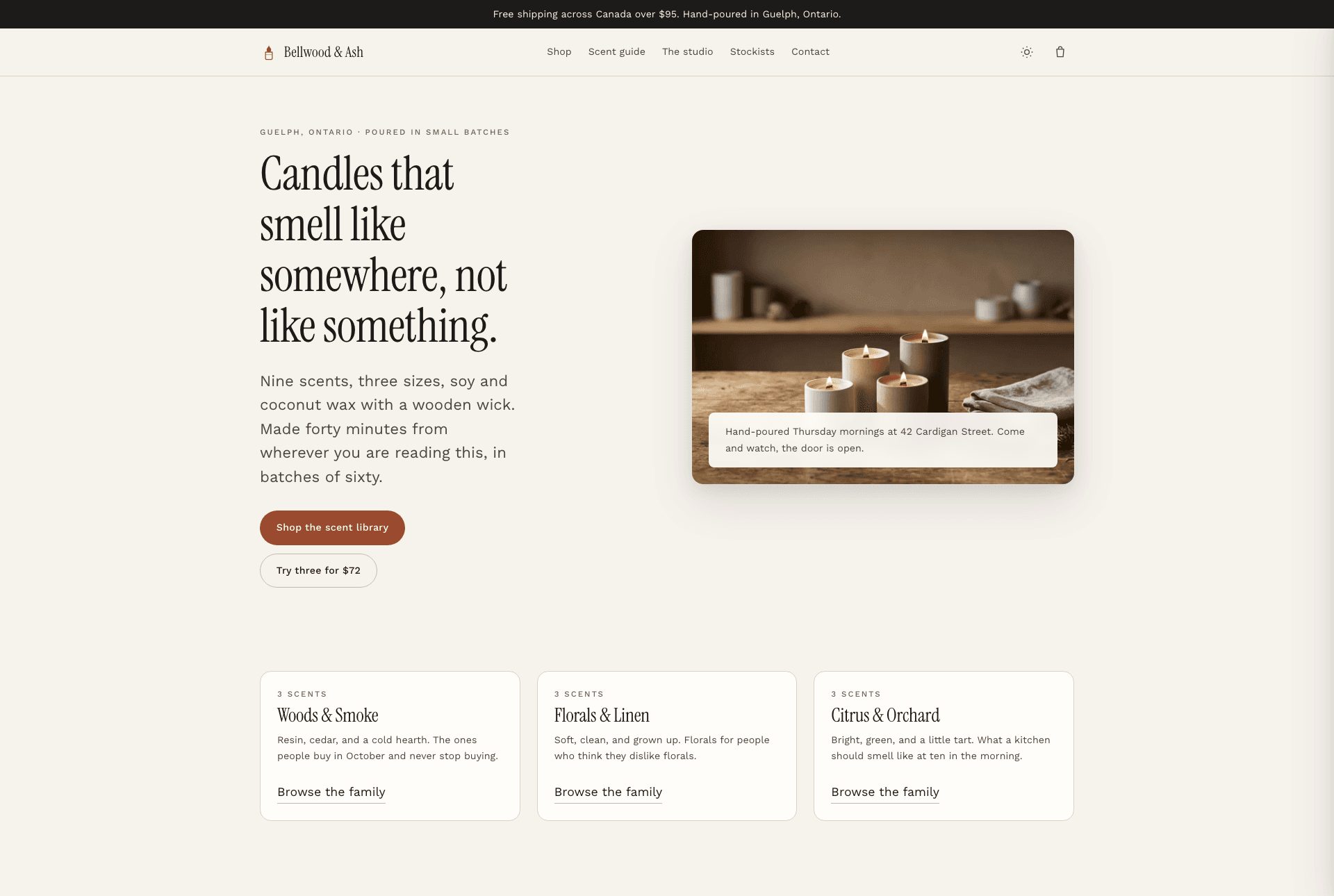 Screenshot of the Bellwood & Ash homepage, a warm cream and ink candle storefront.