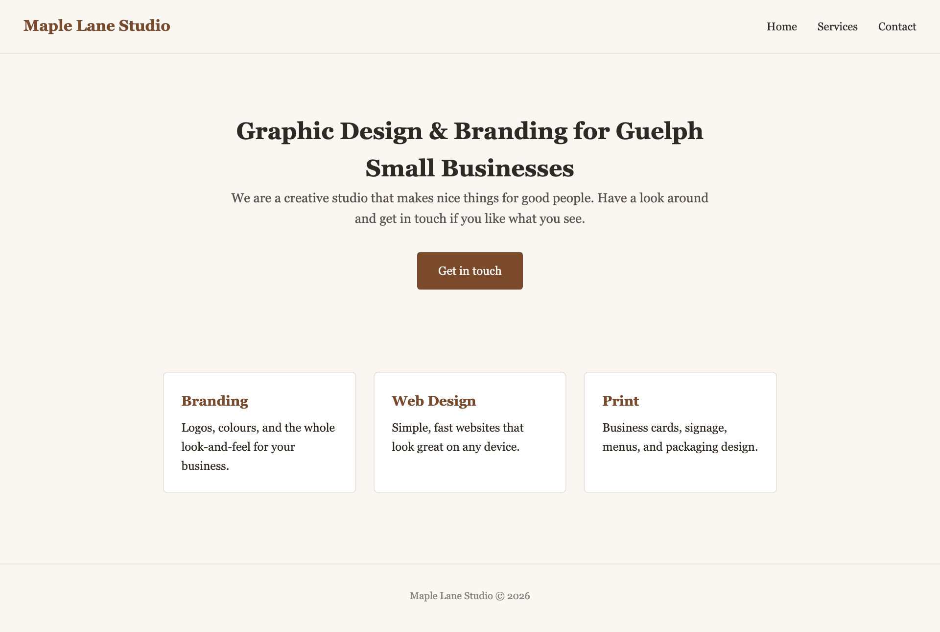 Screenshot of the Maple Lane Studio homepage, a cream and ink design-studio website.